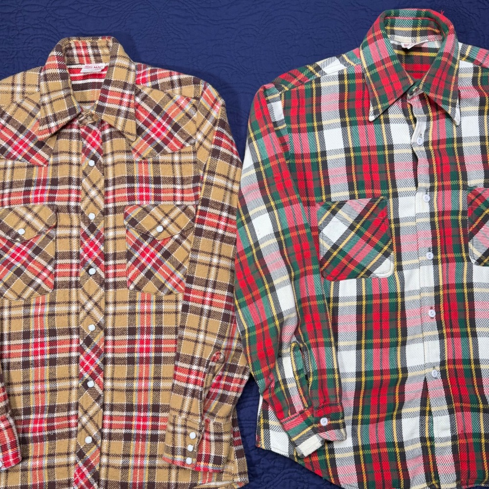 Vintage 1960s Big Mac Flannel Shirt Lot OF 2 Pearl Snap + Button UP Plaid Mens M